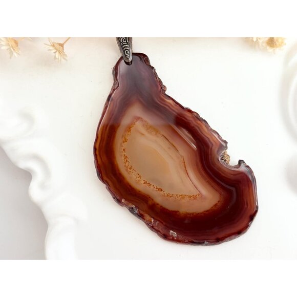 Brown Sliced Banded Agate Geode Crystal Freeform Large Silver T Vintage Pendant - Picture 2 of 12